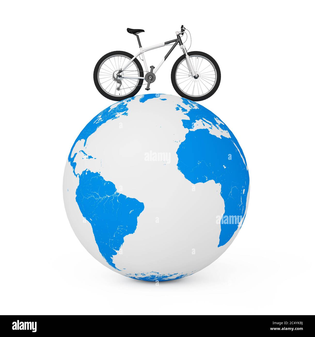 Schwarz-Weiß Mountainbike über Erde Globus auf weißem Hintergrund. 3d-Rendering Stockfoto