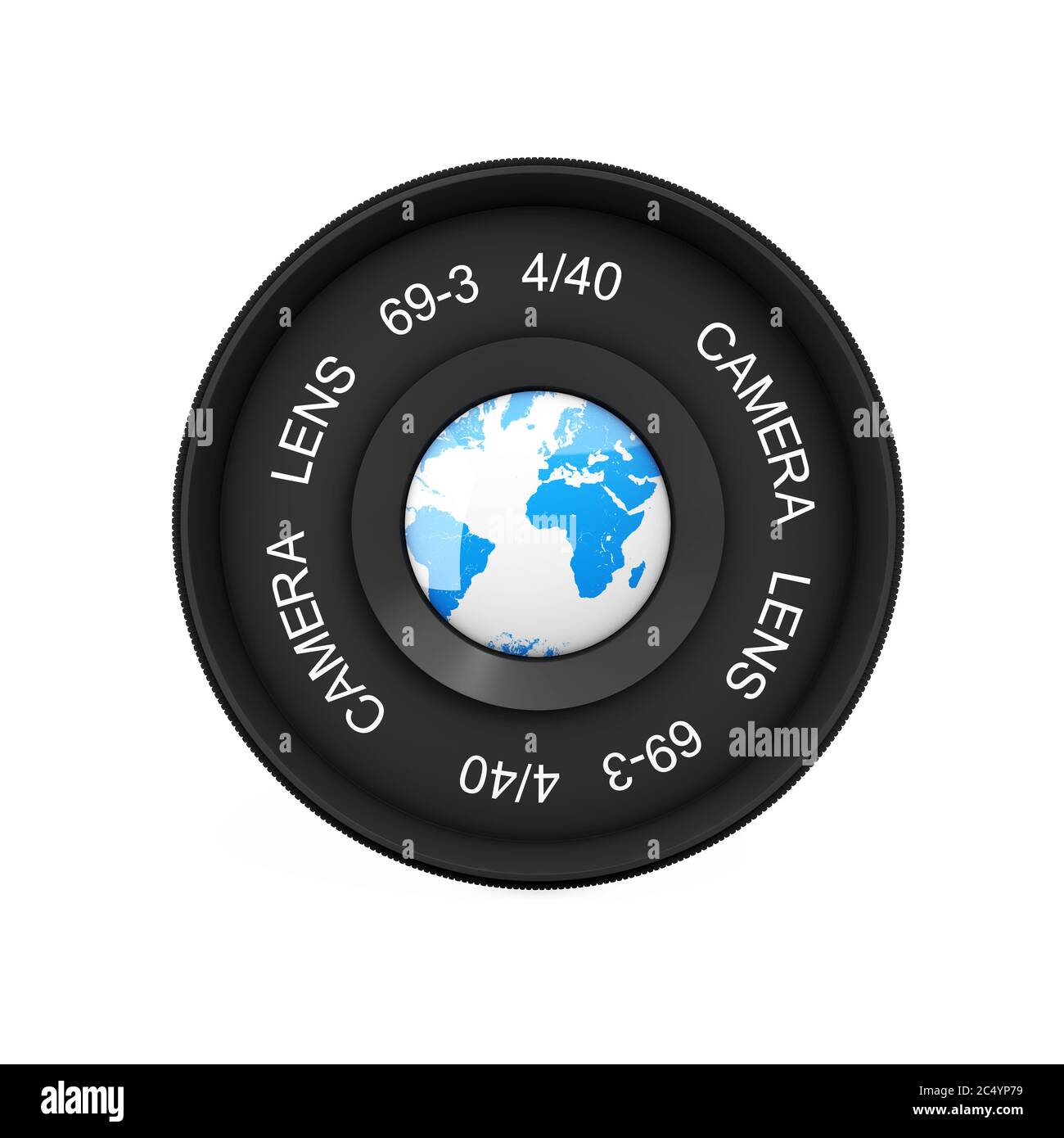 Earth Globe auf Vintage Kamera-Fotoobjektiv auf weißem Hintergrund. 3d-Rendering. Stockfoto