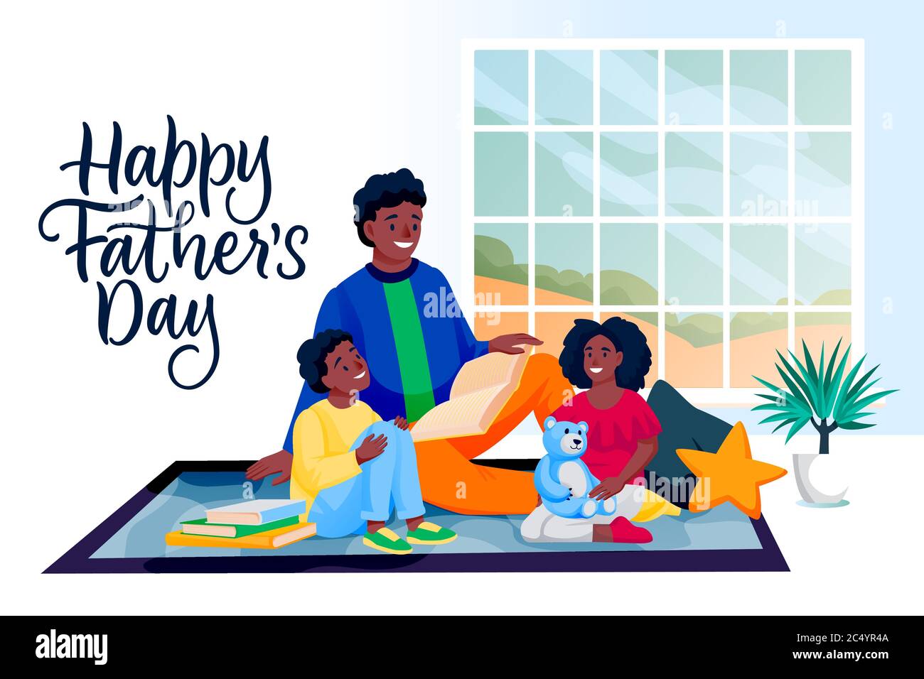 Glückwünsche zum Vatertag Grußkarte mit handgezeichneten Kalligrafie-Schriftzügen. Vektor afroamerikanische Familie Zeichen Illustration. Vater, Sohn, Tochter lesen Stock Vektor