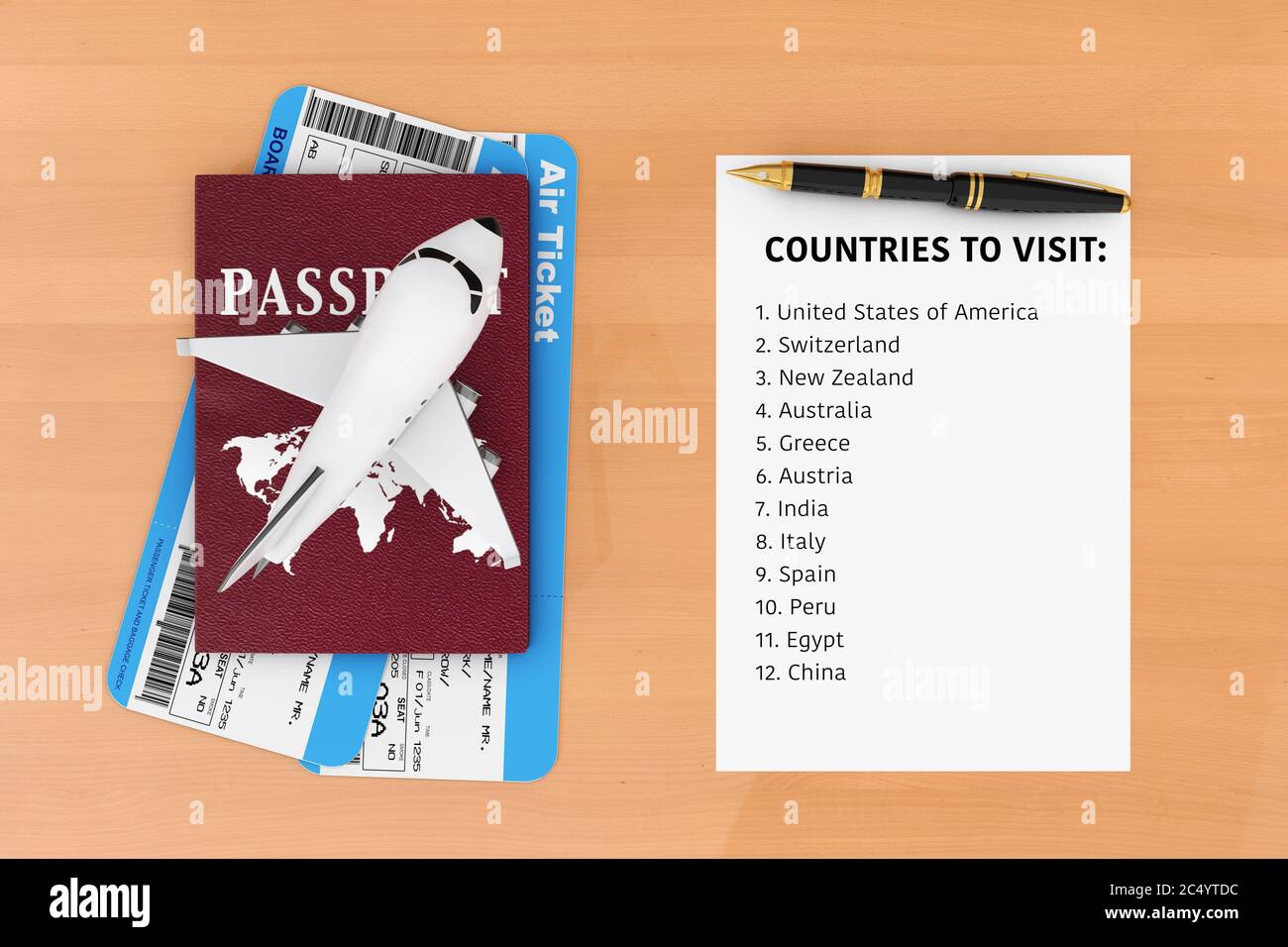 Flugreisekonzept. Flugzeug, Pass, Tickets, Stift und Papier mit Ländern zu  besuchen Liste auf einem Holztisch. 3d-Rendering Stockfotografie - Alamy