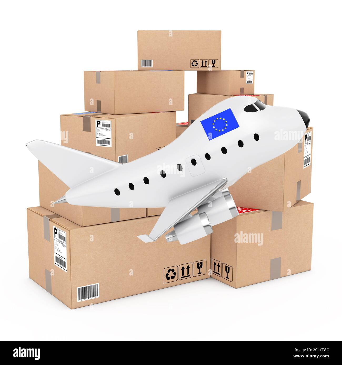Air Cargo Konzept. Cartoon Spielzeug Jet Flugzeug mit Europischen Union Flagge in der Nähe von Kartons von Waren auf weißem Hintergrund. 3d-Rendering. Stockfoto