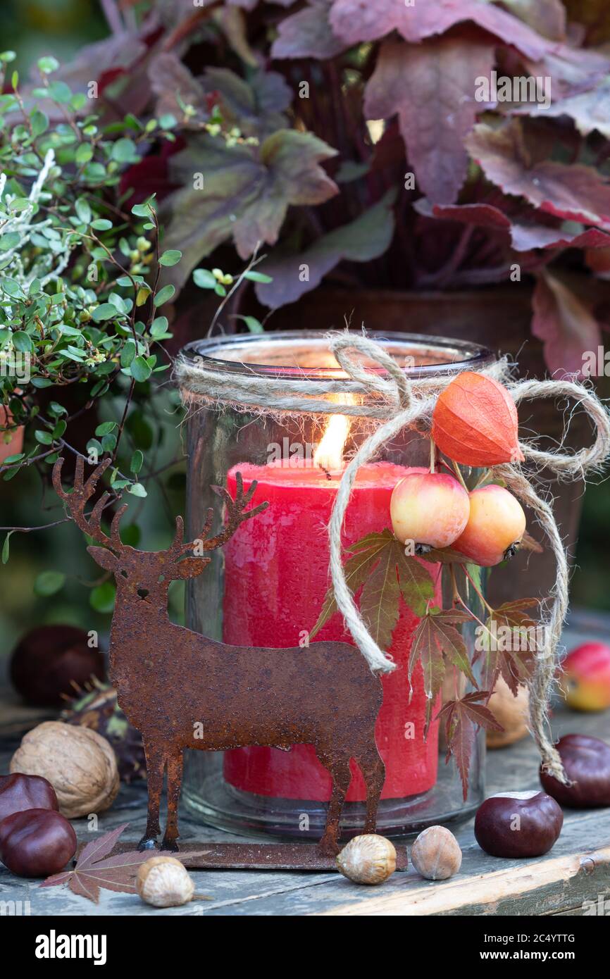 Herbstgartendekoration mit Rost liebe und rote Kerze Stockfoto