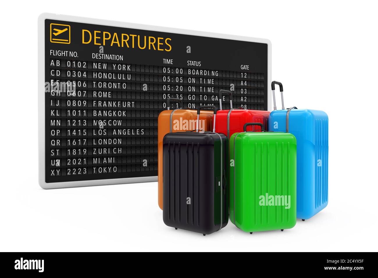 Flugreisekonzept. Große mehrfarbige Polycarbonat-Koffer in der Nähe des Flughafens Abflugstische auf weißem Hintergrund. 3d-Rendering. Stockfoto
