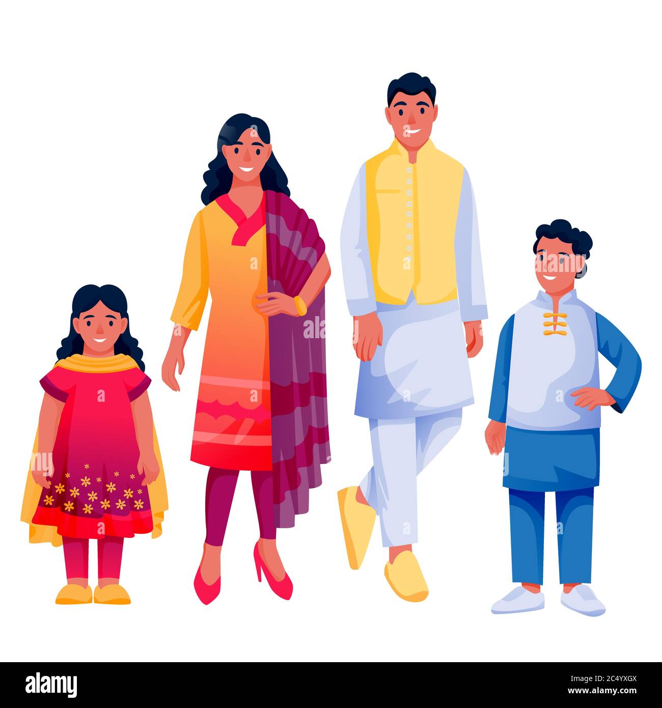 Indische glückliche Familie mit zwei Kindern, isoliert auf weißem Hintergrund. Vater, Mutter, Junge und Mädchen in farbenfroher traditioneller Kleidung. Vektor flach Cartoon ch Stock Vektor