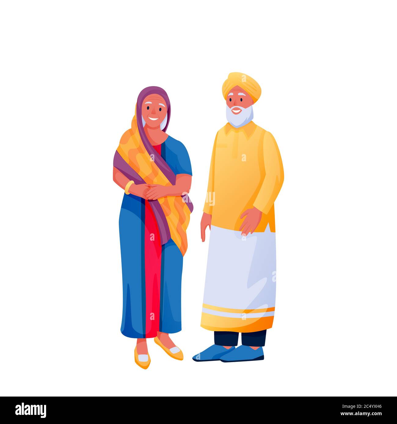 Indisches Senioren glückliches Paar in traditioneller Kleidung, isoliert auf weißem Hintergrund. Indische Frau in bunten schönen Sari und Mann in Hemd und Turban. Stock Vektor