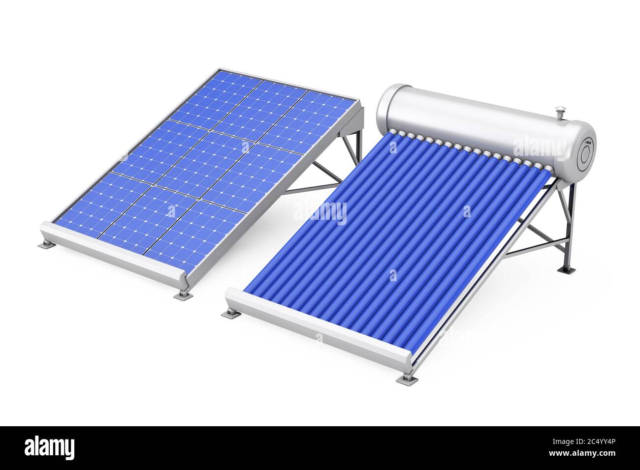 Solar-Warmwasserbereiter mit Solarpanel auf weißem Hintergrund. 3d-Rendering. Stockfoto