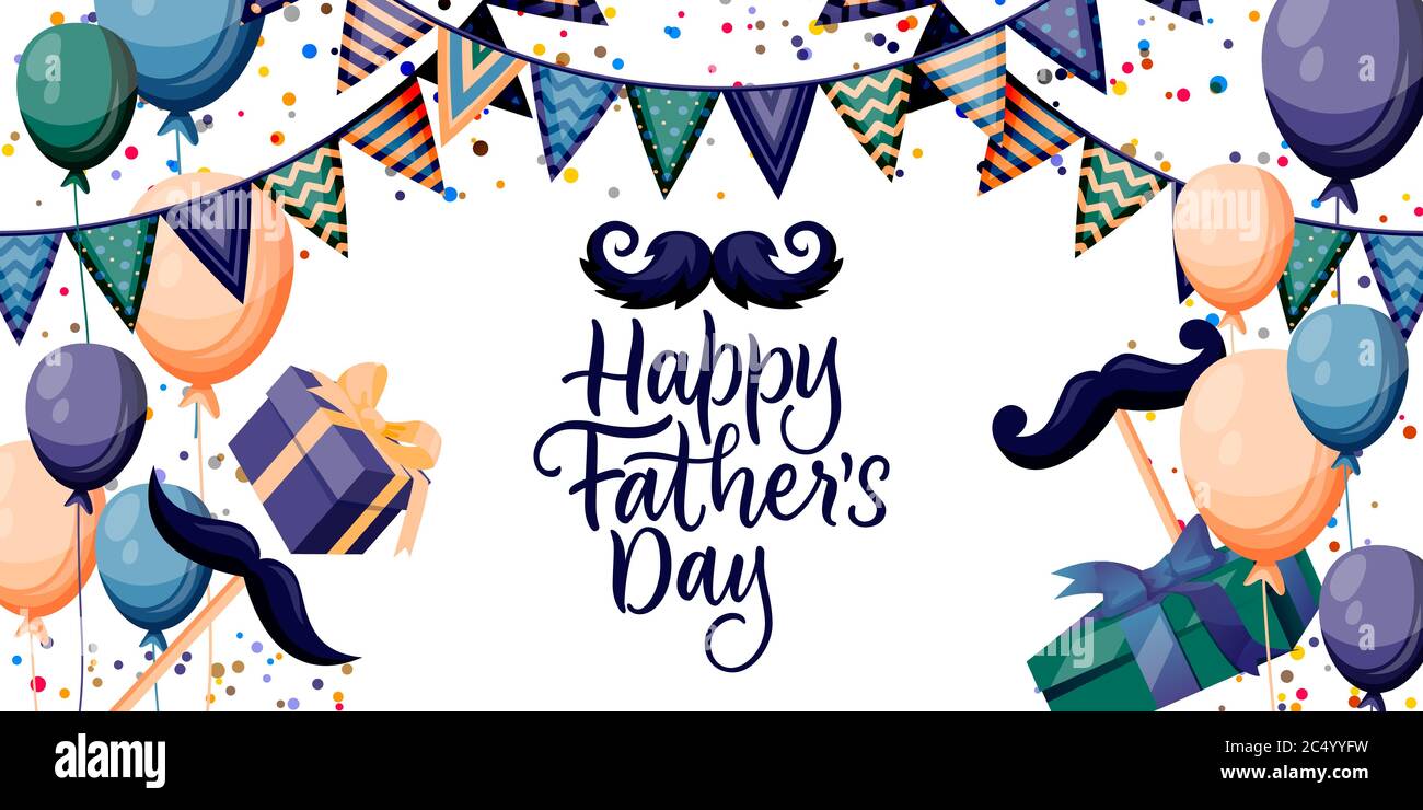 Happy Fathers Day, horizontales Banner, Poster oder Grußkarte Design-Vorlage. Rahmen mit Feiertagsdekoration und handgezeichneter Kalligraphie-Schrift. Vec Stock Vektor