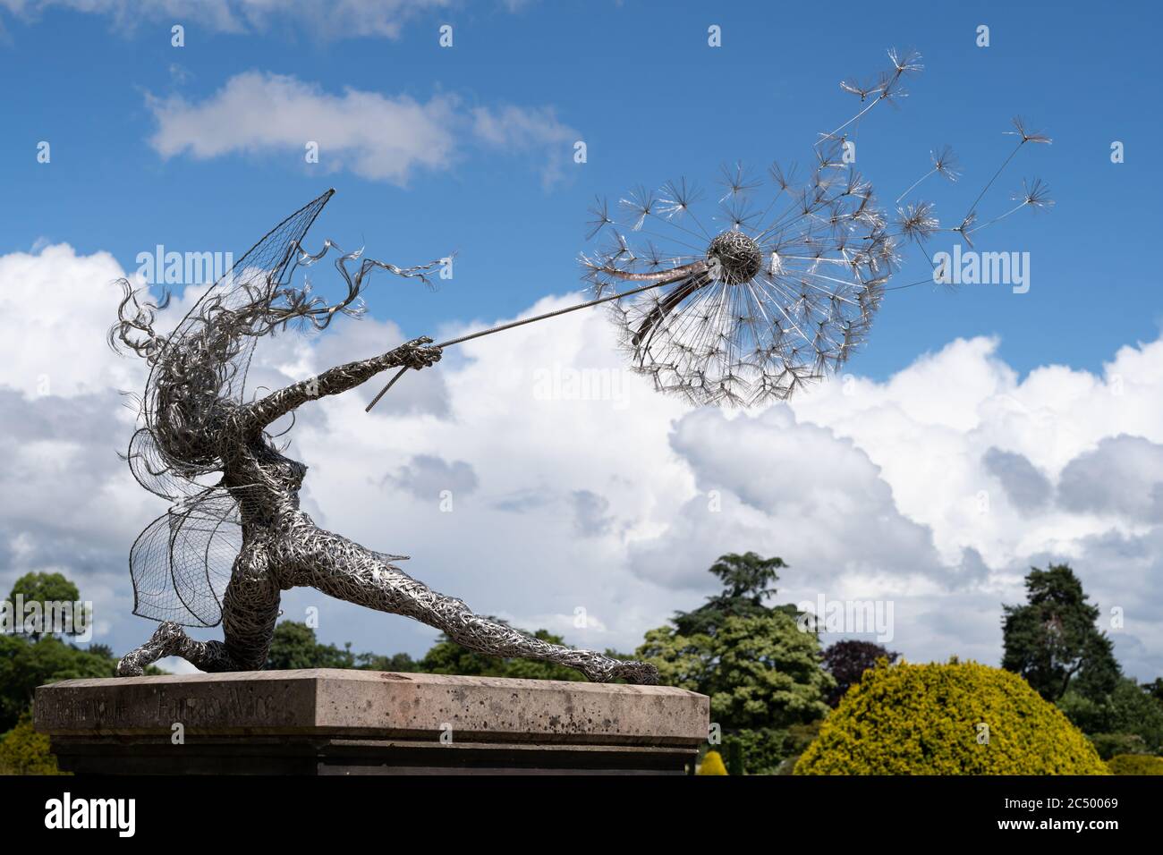 Drahtfeen und Löwenzahn-Skulpturen von Robin Wight oder Fantasy Wire. Trentham Gardens, Stoke-on-Trent, Staffordshire, Großbritannien Stockfoto