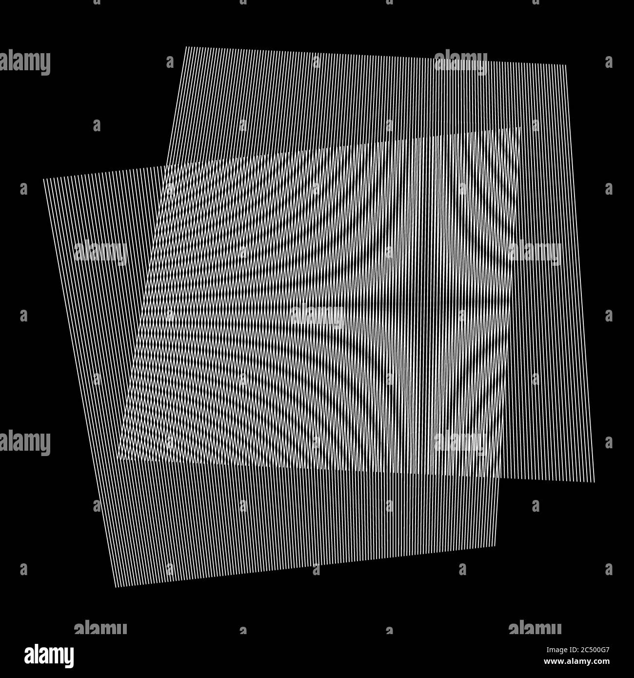 Moiré-Muster durch zwei überlappende, gefütterte Flächen. Moiré-Effekt oder Interferenzmuster auf schwarzem Hintergrund. Stockfoto