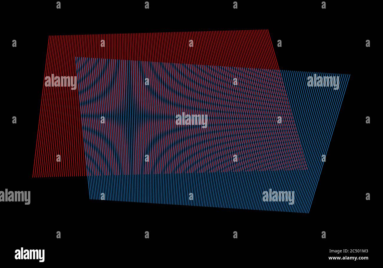 Moiré-Effekt durch zwei überlappende rote und blaue Linienmuster. Moiré oder Interferenzmuster auf weißem Hintergrund. Stockfoto