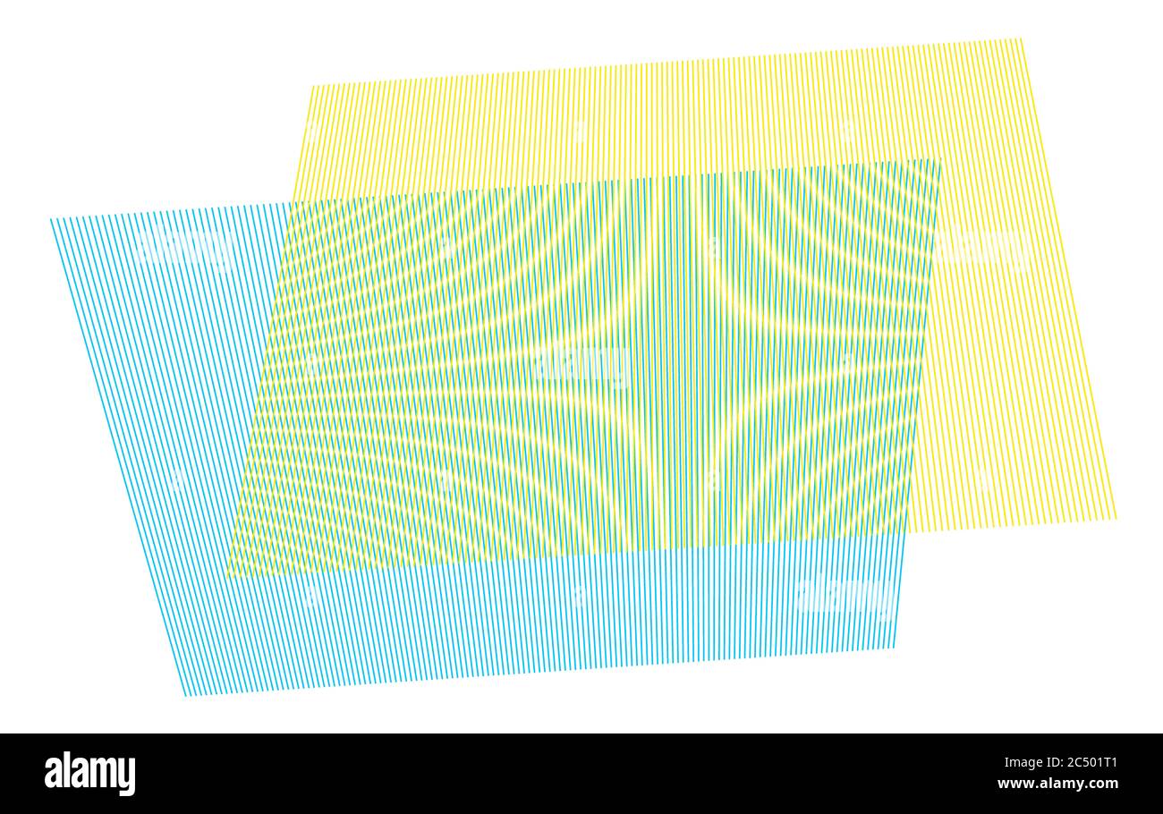 Moiré-Muster durch zwei überlappende gelb-blau-linierte Ebenen. Moiré oder Interferenzmuster auf schwarzem Hintergrund. Stockfoto