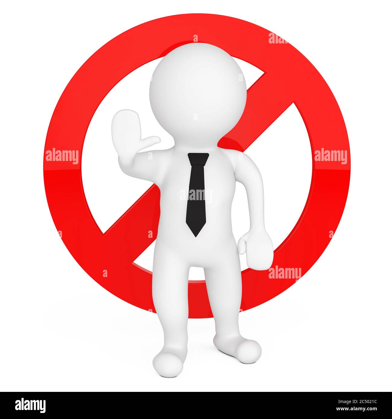 3d-Person mit rotem Stoppschild auf weißem Hintergrund. 3d-Rendering. Stockfoto