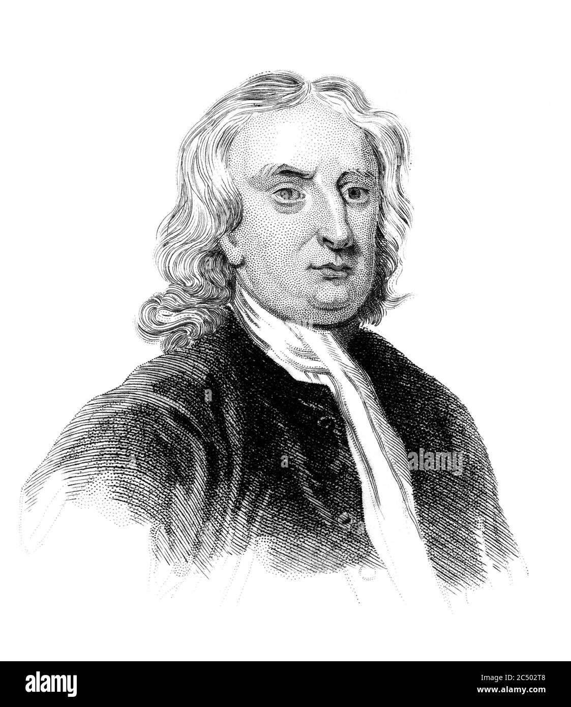 Eine gravierte Vintage Illustration Porträt Bild von Sir Isaac Newton 1643-1727 der berühmte englische Physiker, aus einem viktorianischen Buch datiert 1847, das ist n Stockfoto