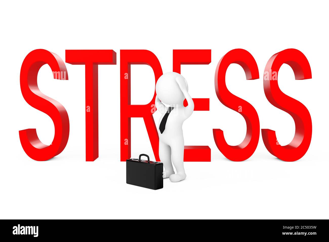 3d Geschäftsmann depressiv in der Nähe von Stress Zeichen auf einem weißen Hintergrund. 3d-Rendering. Stockfoto