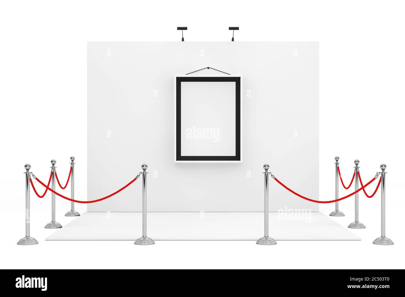 Barriere Seil um den Messestand mit weißem Bilderrahmen auf weißem Hintergrund. 3d-Rendering. Stockfoto