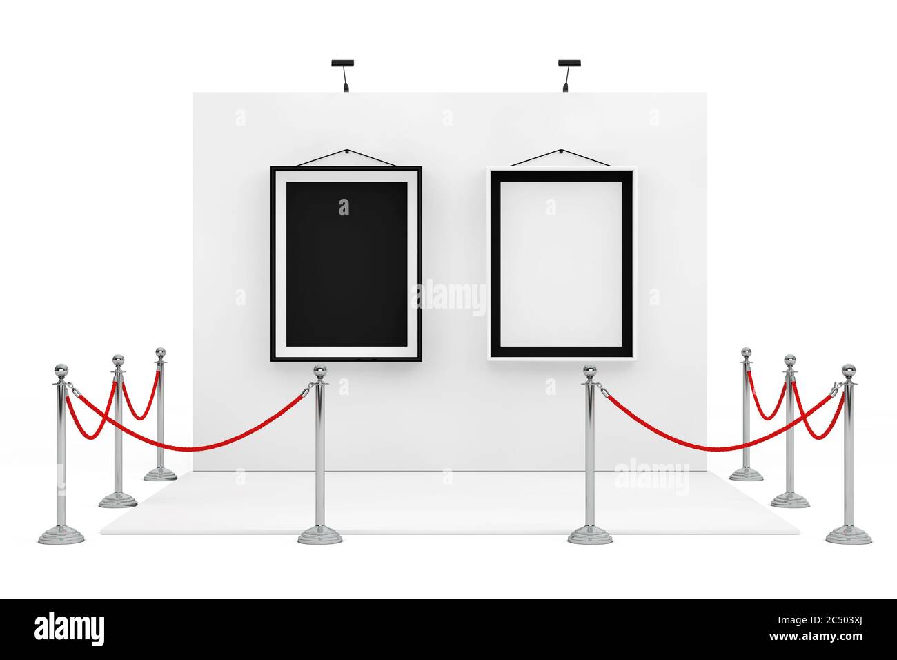Barriere Seil um den Messestand mit Schwarz-Weiß-Bilderrahmen auf weißem Hintergrund. 3d-Rendering. Stockfoto