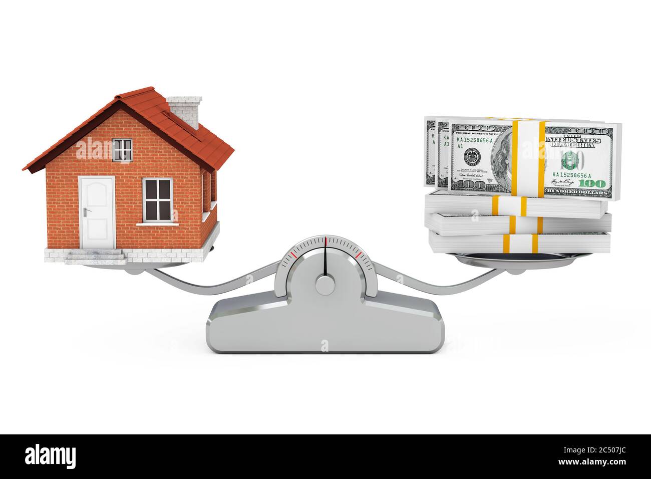 Haus mit Geld Balancing auf einer einfachen Gewichtsskala auf weißem Hintergrund. 3d-Rendering. Stockfoto