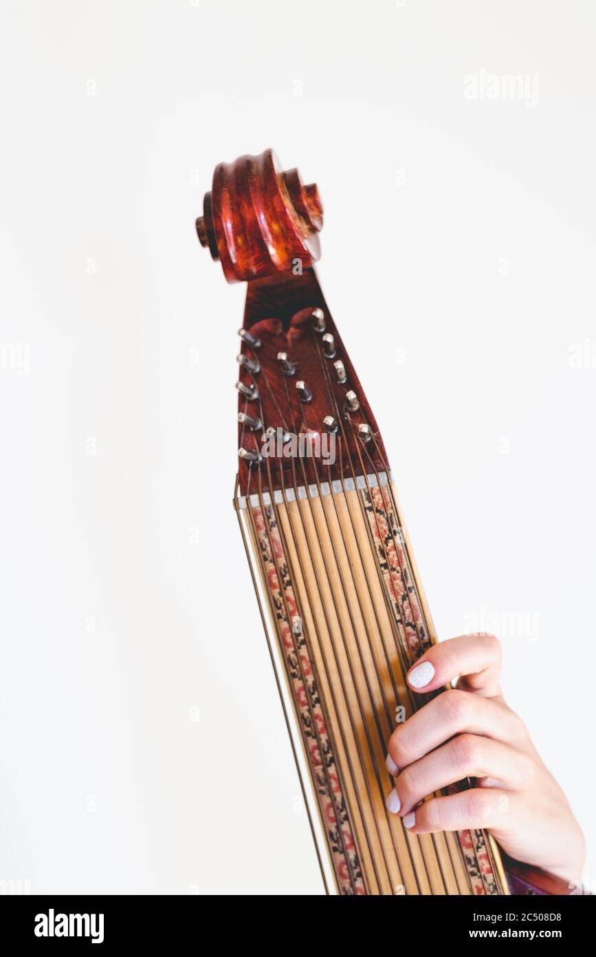 Linke Hand einer kaukasischen Frau, die auf einem traditionellen ukrainischen Folk-Saiteninstrument Bandura Bass Saiten spielt Stockfoto