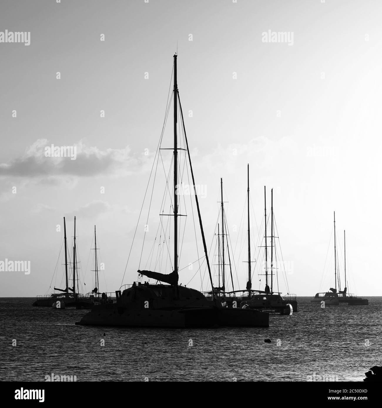 Yachten in der Bucht. Silhouetten von Yachten bei Sonnenuntergang. Stockfoto