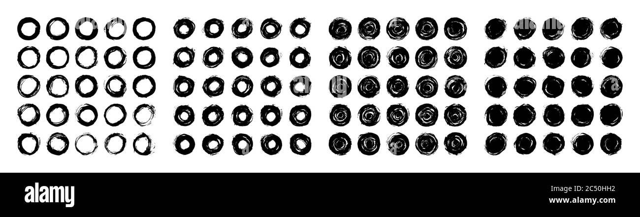 Schwarze Kreis Pinsel Strich Kollektion. Schmutzige Textur im Grunge-Stil. Malen Sie Pinselstriche isoliert auf weißem Hintergrund. Grafikelement entwerfen Stock Vektor