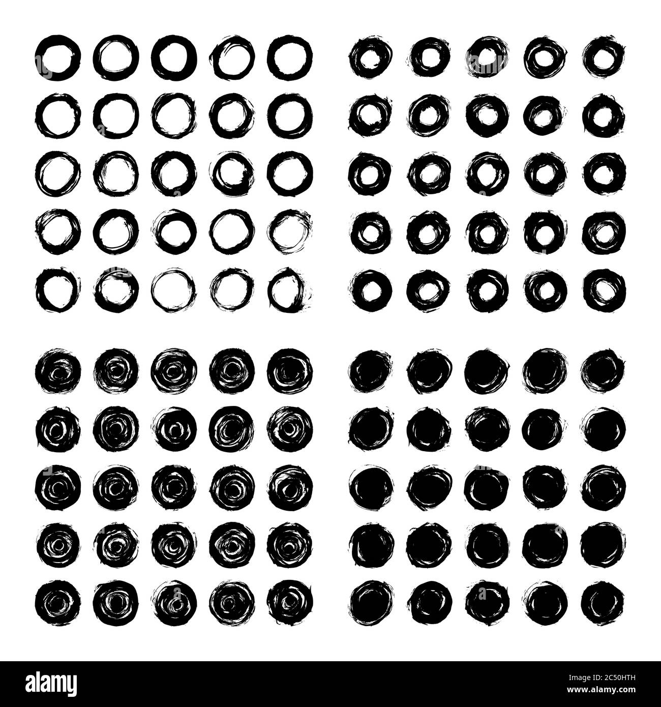 Schwarze Kreis Pinsel Strich Kollektion. Schmutzige Textur im Grunge-Stil. Malen Sie Pinselstriche isoliert auf weißem Hintergrund. Grafikelement entwerfen Stock Vektor