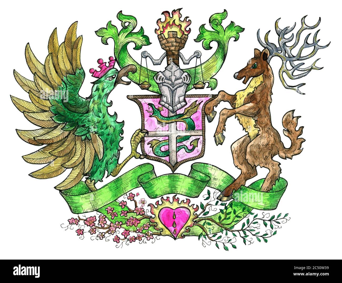 Buntes Wappentier-Emblem mit Hahn-Vogel und gehörnten Hirschen isoliert auf weiß. Bunt gravierte Illustration mit Mythologie und Fantasy-Kreaturen in o Stockfoto
