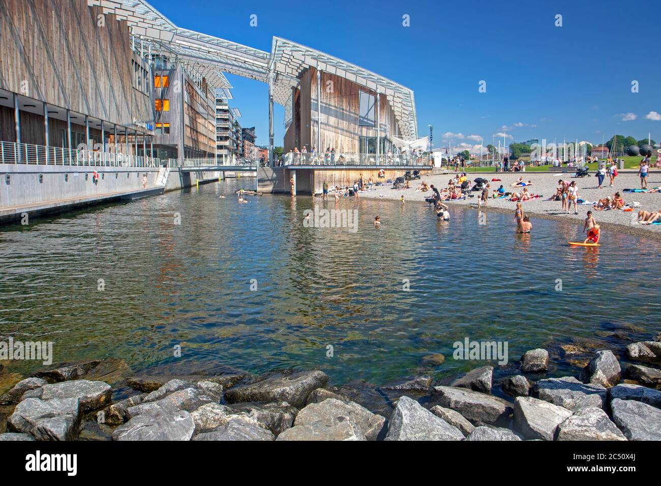 Schwimmen am Strand von Tjuvholmen neben dem Astrup Fearnley Museum, Oslo Stockfoto