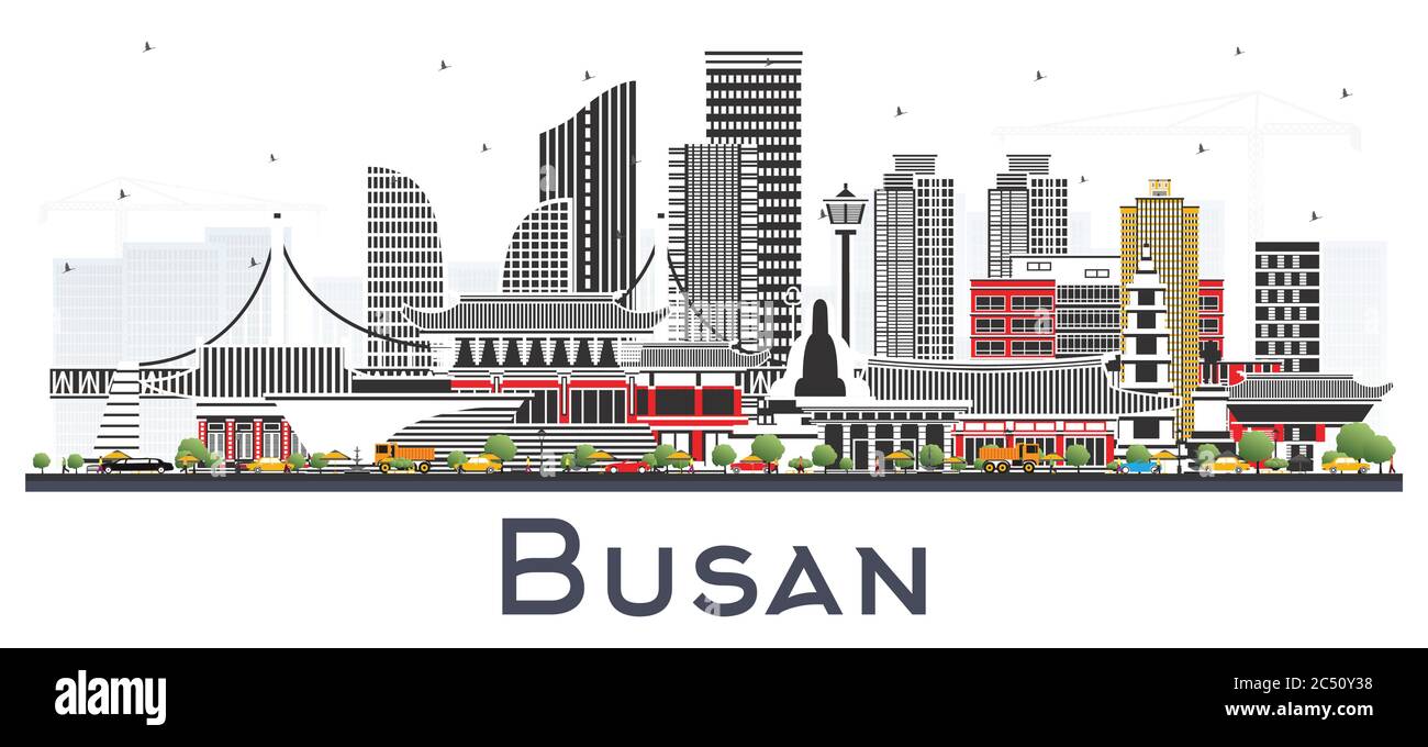 Busan Südkorea City Skyline mit farbigen Gebäuden isoliert auf Weiß. Vektorgrafik. Tourismuskonzept mit historischer und moderner Architektur. Stock Vektor