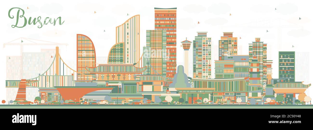 Busan Südkorea City Skyline mit Color Gebäuden. Vektorgrafik. Business Travel und Tourismus Konzept mit historischer und moderner Architektur. Stock Vektor