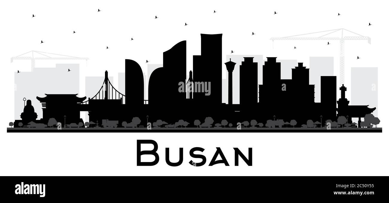 Busan Südkorea City Skyline Silhouette mit schwarzen Gebäuden isoliert auf Weiß. Vektorgrafik. Tourismuskonzept. Stock Vektor