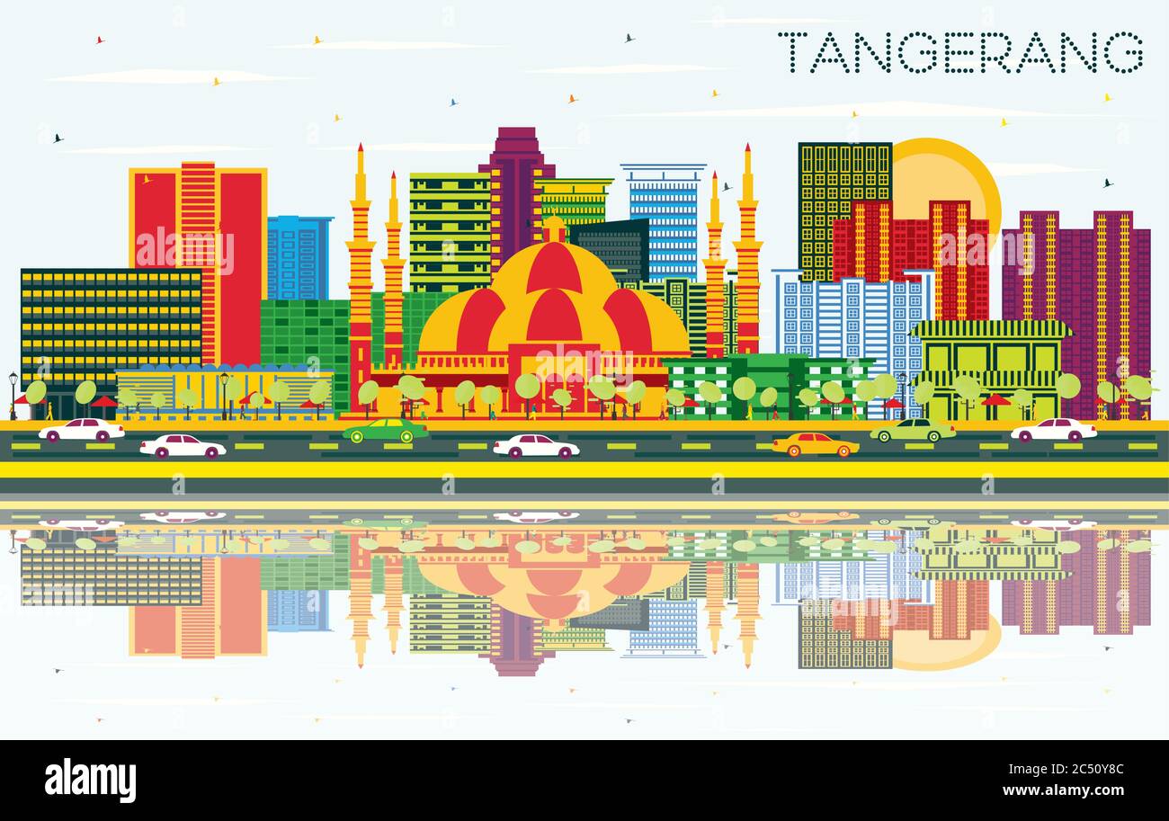 Tangerang Indonesia City Skyline mit farbigen Gebäuden, blauem Himmel und Reflexionen. Vektorgrafik. Stock Vektor