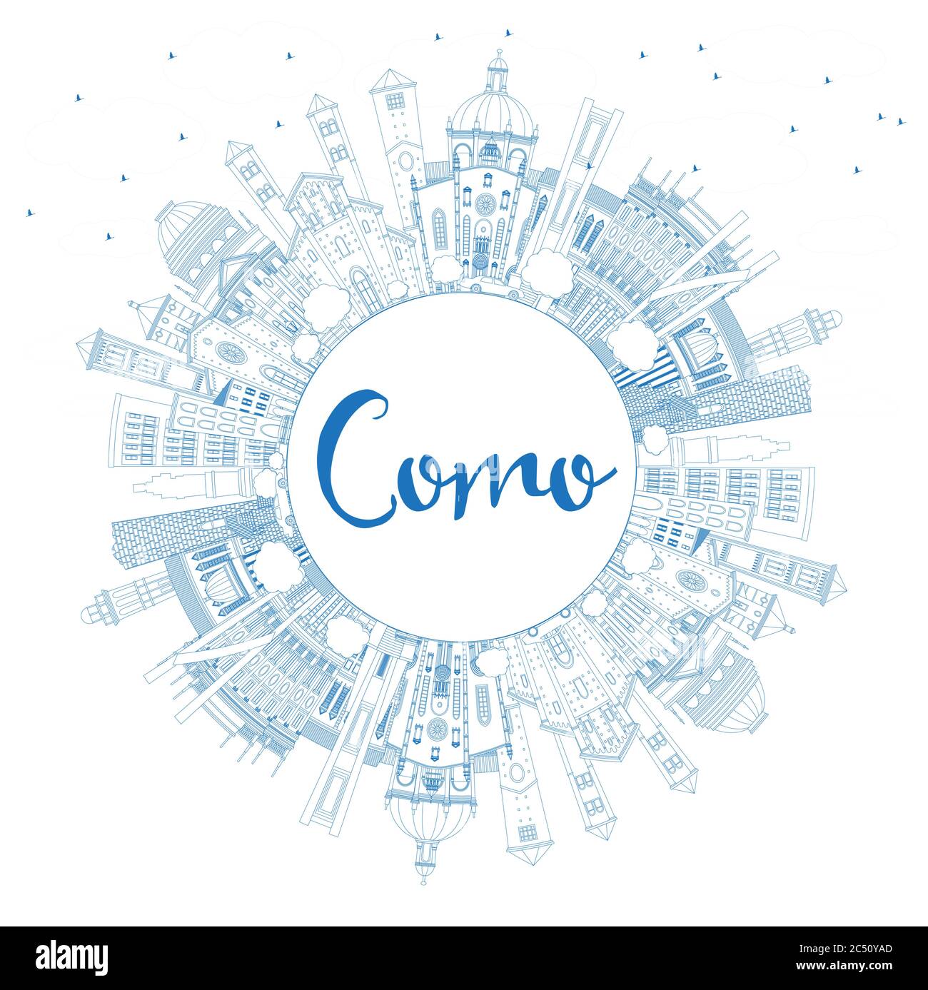 Umriss Como Italien City Skyline mit blauen Gebäuden und Copy Space. Vektorgrafik. Business Travel und Konzept mit historischer Architektur. Stock Vektor