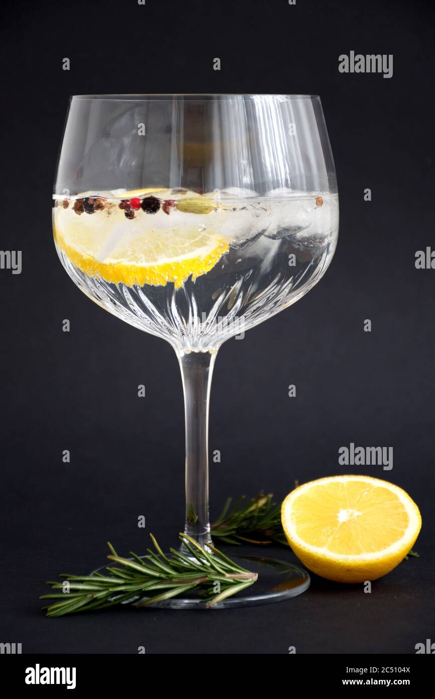 Gin und Tonika mit Zitrone und Rosmarin aus Kristallglas vor schwarzem Hintergrund Stockfoto