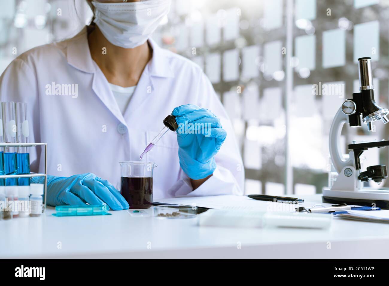 Wissenschaftler tragen Labormantel und Schutzkleidung arbeiten mit Forschung oder machen Untersuchungen mit Reagenzgläsern in Experiment, Labor und Entwicklung Stockfoto