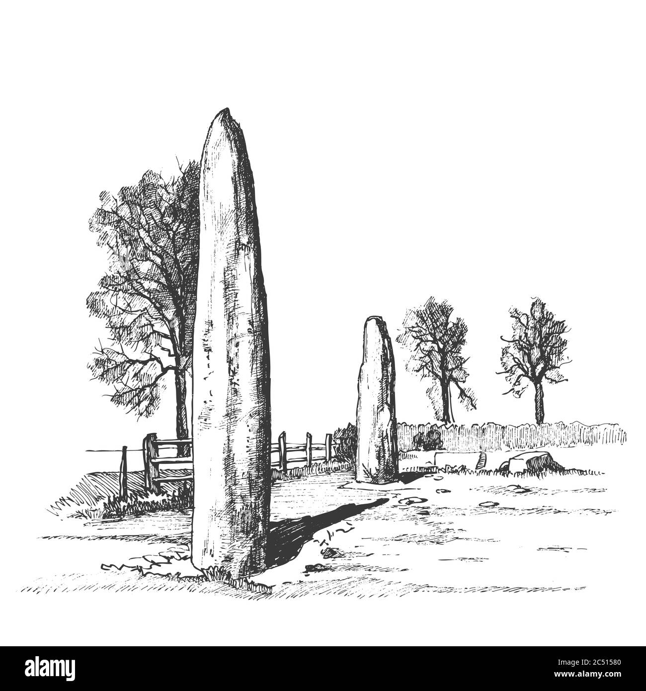 Menhire, vertikale Steine unbekannter Herkunft, Vektorgrafik. Grafische Skizzenzeichnung. Megalithen. Steinzeit. Stock Vektor