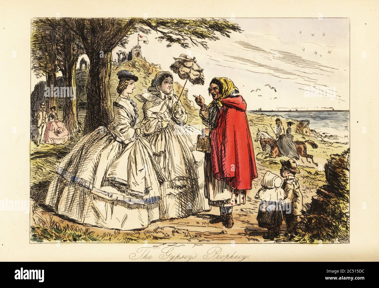 Rosa McDermott und ihre Mutter hören eine Prophezeiung von einer römischen Wahrsagerin während eines Spaziergangs. Sie tragen breite, mit einem Reif behackte Unterklatschkutten. Im Hintergrund fährt ein Paar an der Küste entlang in einem Badeort. (Gypseys Prophezeiung auf Gravur). Handkolorierter Stahlstich nach einer Illustration von John Leech aus Robert Smith Surtees’ Plain or Ringlets?, Bradbury und Evans London, 1860. Leech (1817-1864) war ein englischer Karikaturist und Illustrator, der vor allem für seine Arbeit für das Punch Magazin bekannt war. Stockfoto