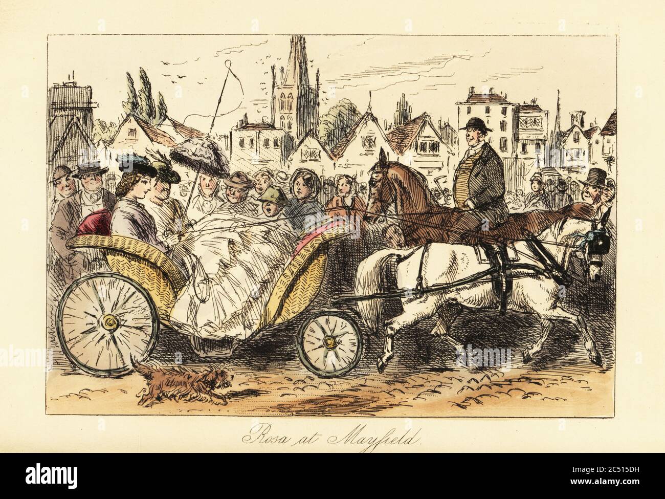 Englische Dame in Crinolinenkleid mit Sonnenschirm, die einen Pony-gezogenen Korbwagen durch die belebten Straßen einer kleinen Stadt fährt. Die ganze Stadt starrte sie und ihre Mutter an. Rosa McDermott bei Mayfield. Handkolorierter Stahlstich nach einer Illustration von John Leech aus Robert Smith Surtees’ Plain or Ringlets?, Bradbury und Evans London, 1860. Leech (1817-1864) war ein englischer Karikaturist und Illustrator, der vor allem für seine Arbeit für das Punch Magazin bekannt war. Stockfoto