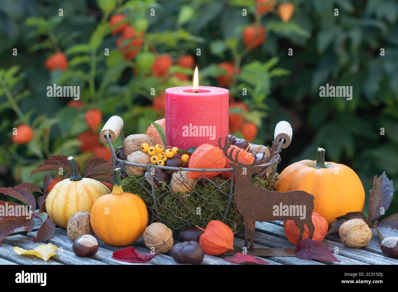 Rustikale Dekoration mit Rost Liebe, Kürbisse und rote Kerze im Korb Stockfoto