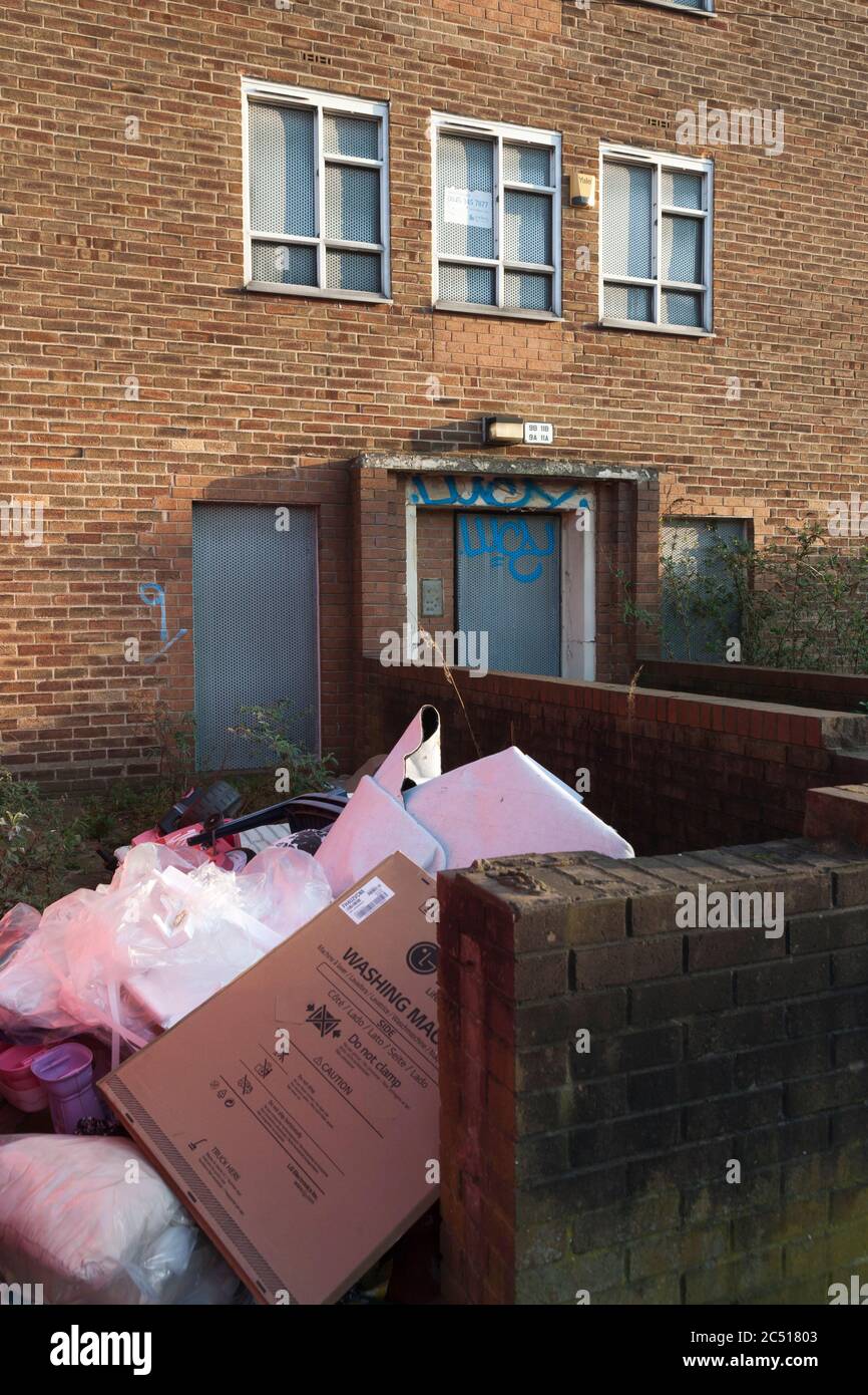 Fliegen Sie mit dem Trinkgeld in einem verödlten Wohnblock, Cookson Street, Ropewalks, Liverpool, England, Großbritannien Stockfoto