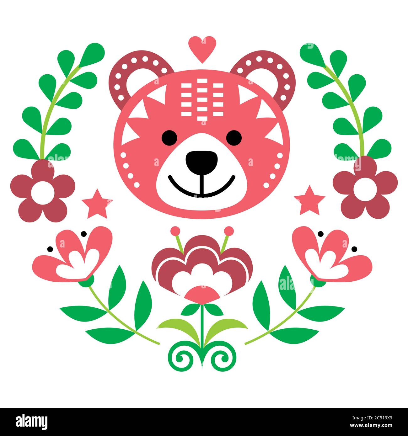Skandinavische Bär Volkskunst Vektor rundes Muster mit Blumen und Kranz, nordische Blumen Grußkarte oder Einladung in rosa und grün Stock Vektor