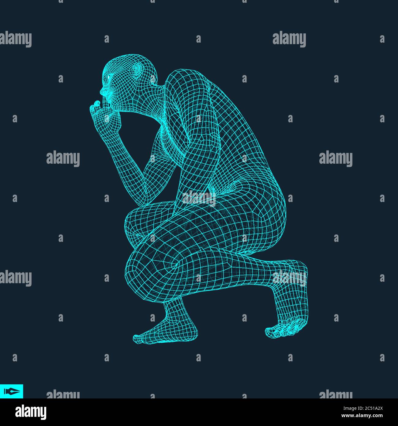 Mann in einem Denker darstellen. 3D-Modell des Menschen. Geometrischen Design. Menschliche Körper Kabel Modell. Wirtschaft, Wissenschaft, Psychologie oder Philosophie Vektor Illustration. Stock Vektor