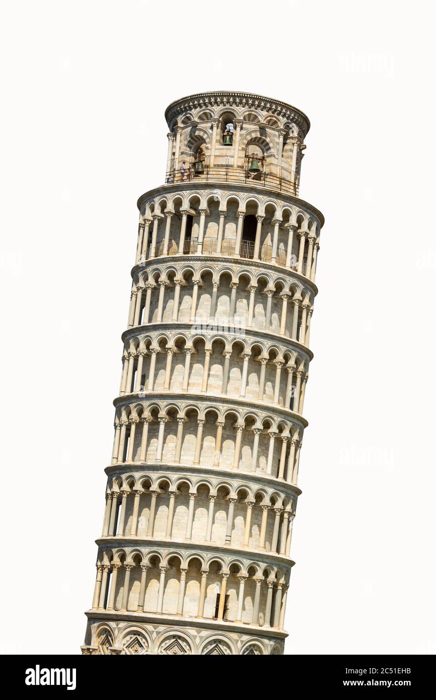 Schiefen Turm von Pisa in der Toskana, Italien isoliert auf weißem Hintergrund Stockfoto