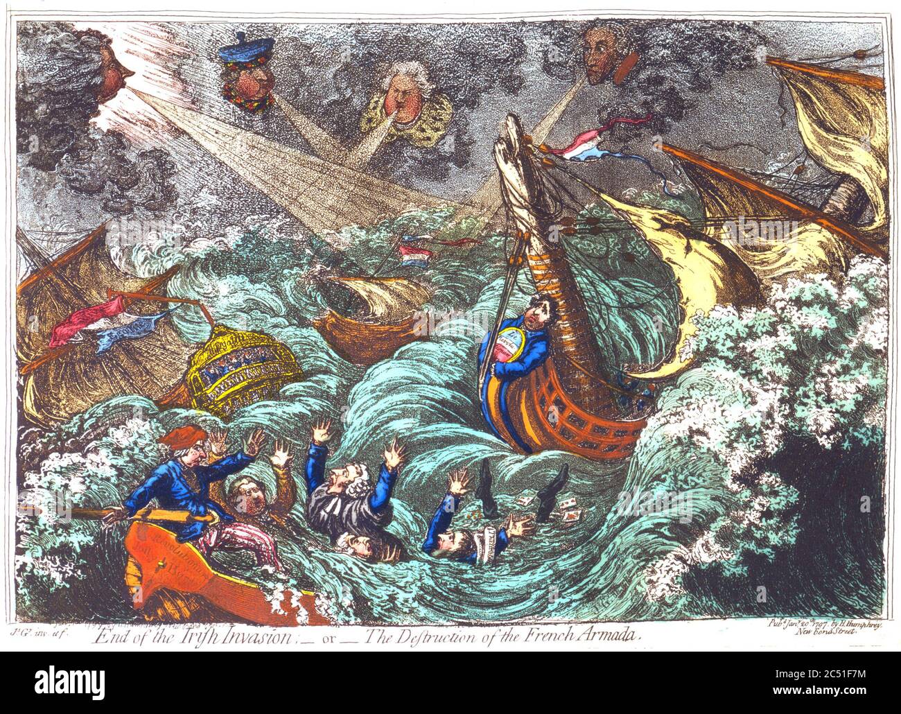 ENDE DER IRISCHEN INVASION oder Zerstörung der französischen Armada. Ein Cartoon von James Gillray aus dem Jahr 1797, der verschiedene Politiker zeigt Stockfoto