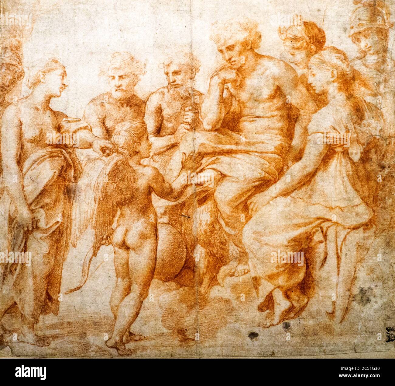 Studio per Venere e Cupido davanti a Giove (Studie für Venus und Amor vor Jupiter) von Raffaello Sanzio bekannt als Raffaello (1483-1520) über 1517 Pietra rossa su stilo Kreide über Stift rot Stockfoto