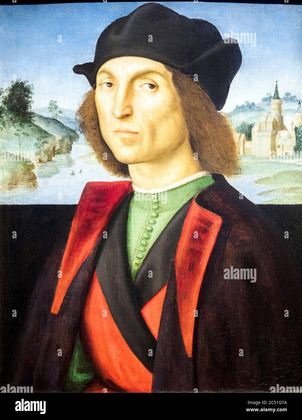 Porträt eines Mannes von Raffaello Sanzio, bekannt als Raffaello (1483-1520), ca. 1501 Öl auf Pappelholzplatte Stockfoto