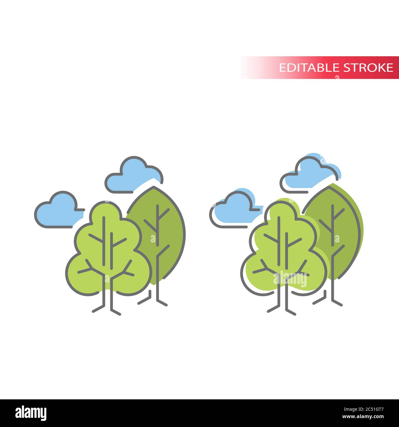 Grüne Bäume mit Wolken Linienvektor Symbol. Baum, Wolke, Outdoor-Konzept oder Natur-Umgebung bunt füllen mit Umriss-Symbol. Bearbeitbare Kontur. Stock Vektor