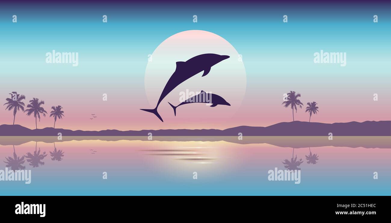 Zwei Delfine springen bei Sonnenaufgang aus dem Wasser Vektorgrafik EPS10 Stock Vektor