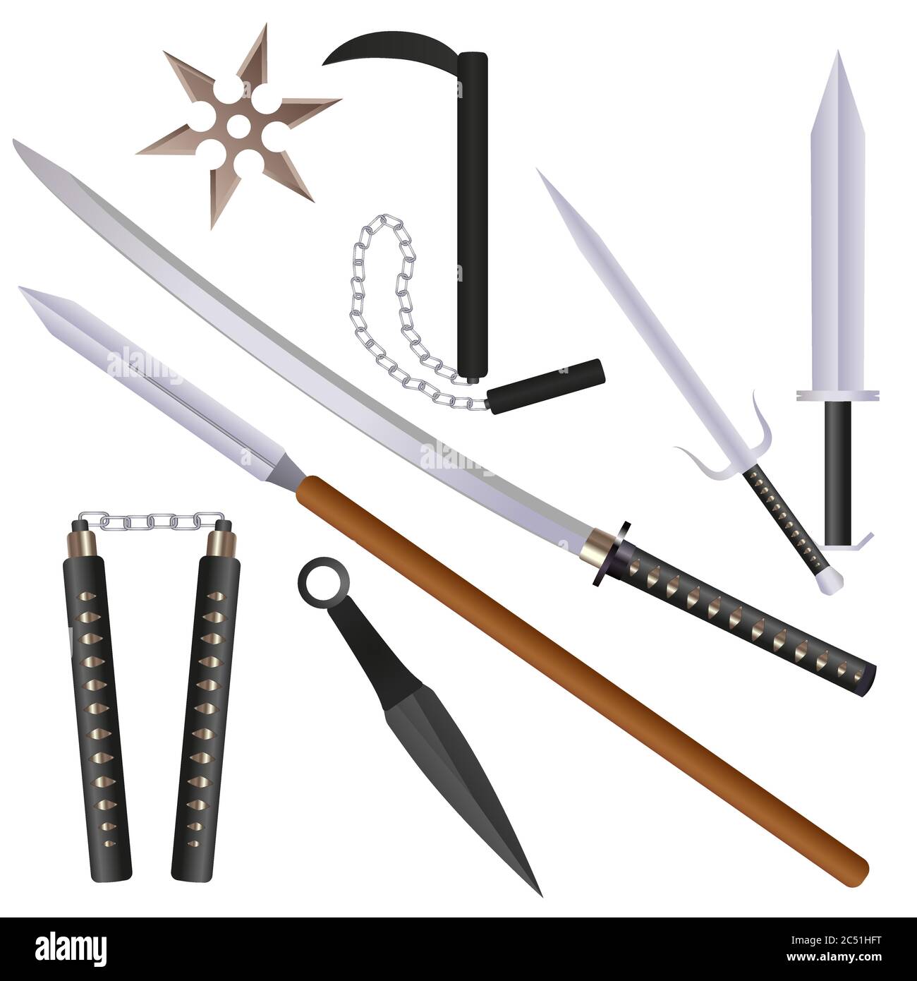 Cartoon flachen Stil Ninja Waffen mit Schatten gesetzt: Schwert, sai, Nunchaku und shurikens. vektor-Illustration Stock Vektor