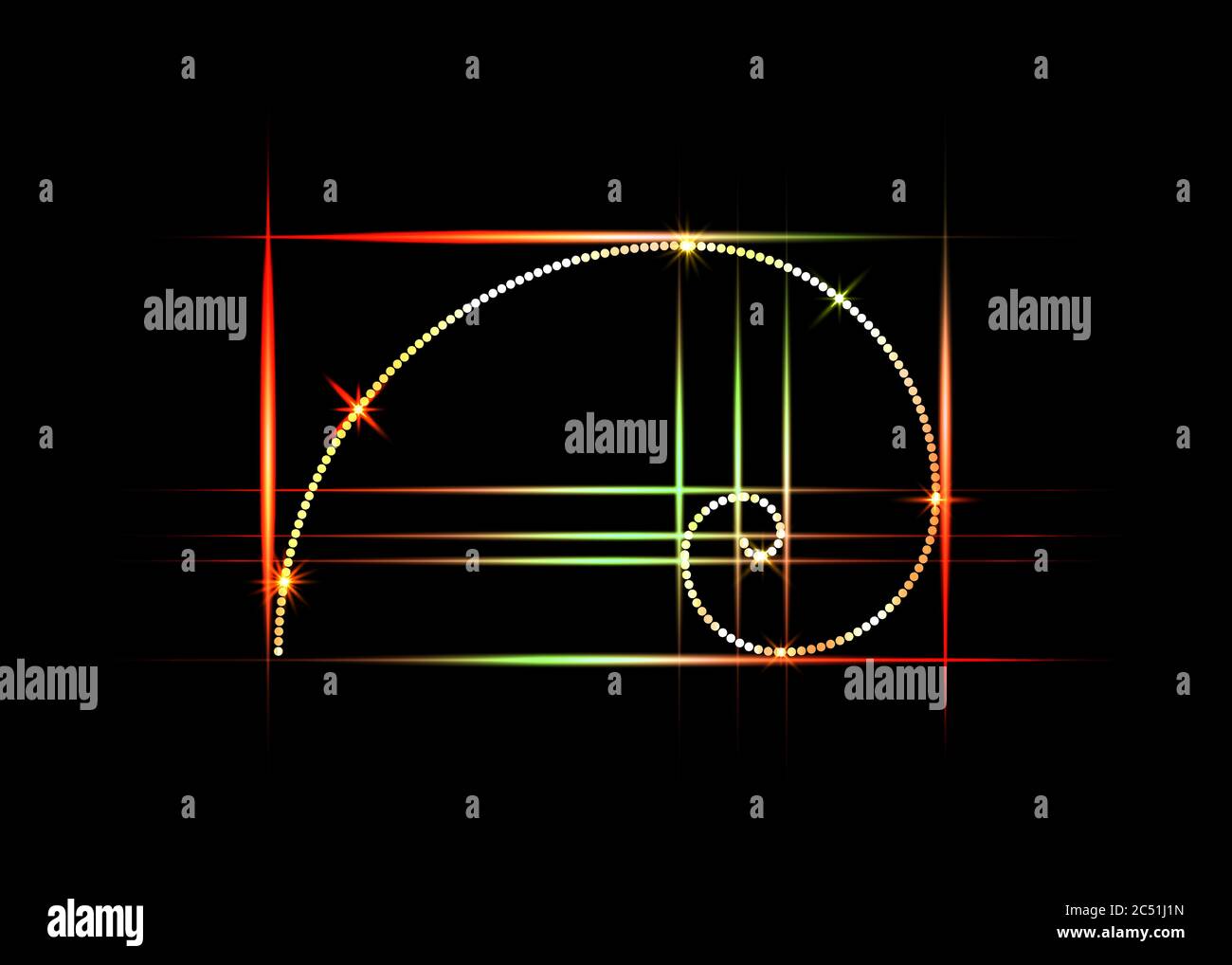 Goldener Schnitt. Fibonacci Zahl, bunte Abschnitt, göttliche Proportion und glänzende Spirale in Neon-Zeichen, Vektor isoliert auf schwarzem Hintergrund Stock Vektor