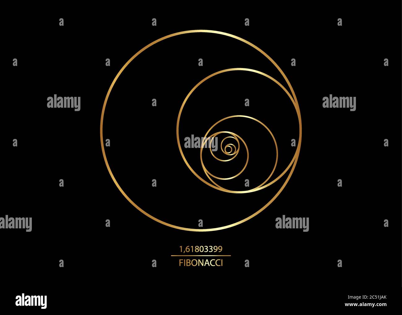 Fibonacci-Sequenzkreis. Goldener Schnitt. Geometrische Formen Spirale. Kreise im goldenen Verhältnis. Futuristisches, minimalistisches Modedesign. Logo in luxuriösem Gold Stock Vektor
